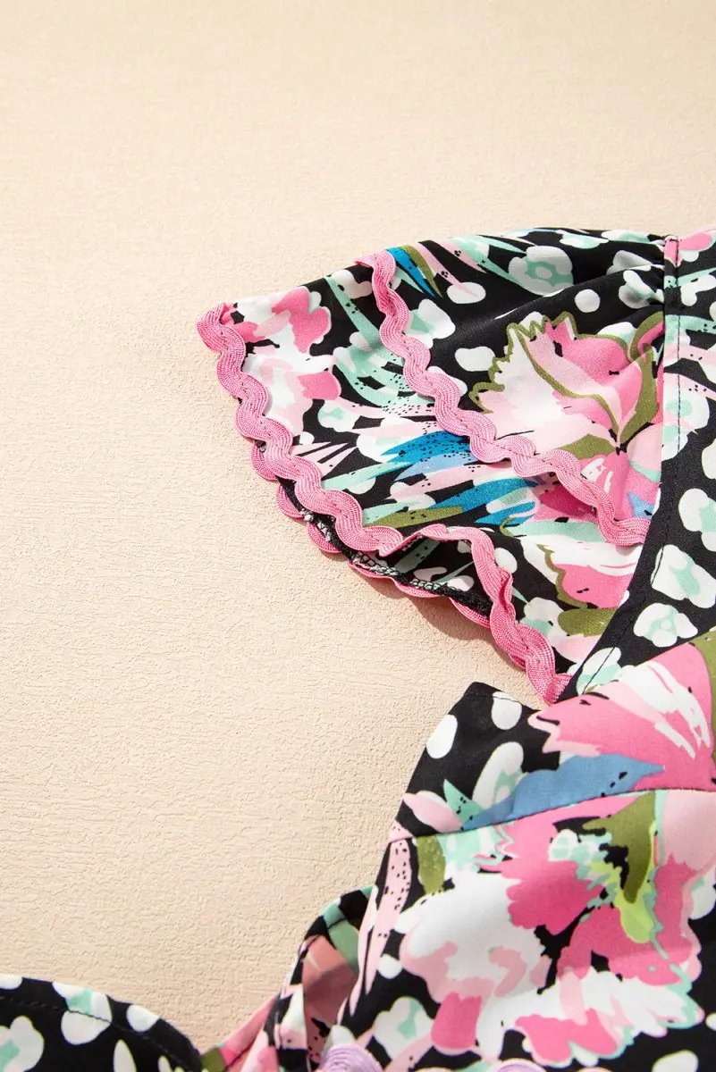 Pink Floral Ricrac Embellished Tiered Mini Dress for Women - Love Salve